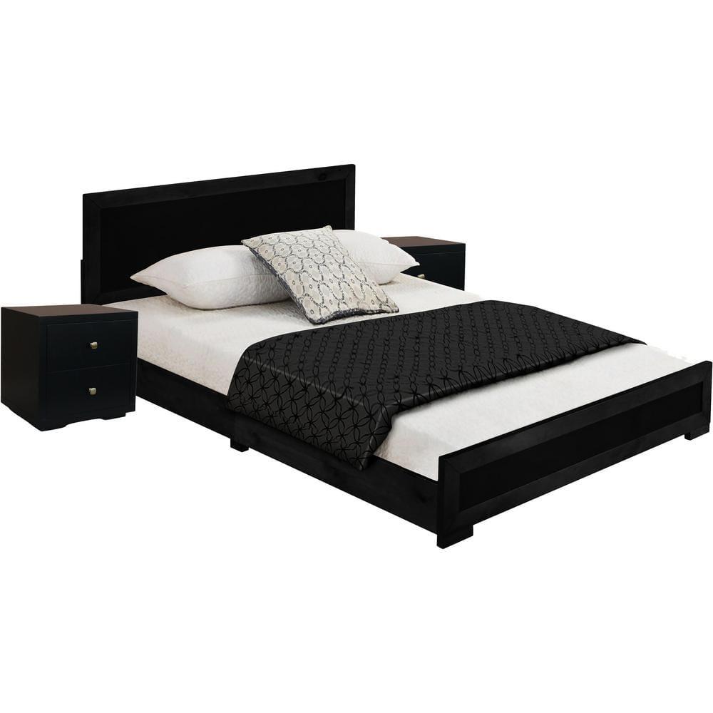 Camden Isle Trent Platform Bedroom Set | Paneled Headboard and Footboard | Queen, Black + 2 Nightstands