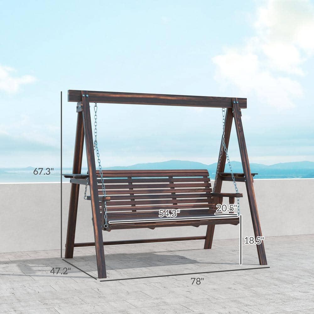 Outsunny 3 Seat Wooden Porch Swing with Stand, Patio Swing Chair with Side Tables, Carbonized Brown