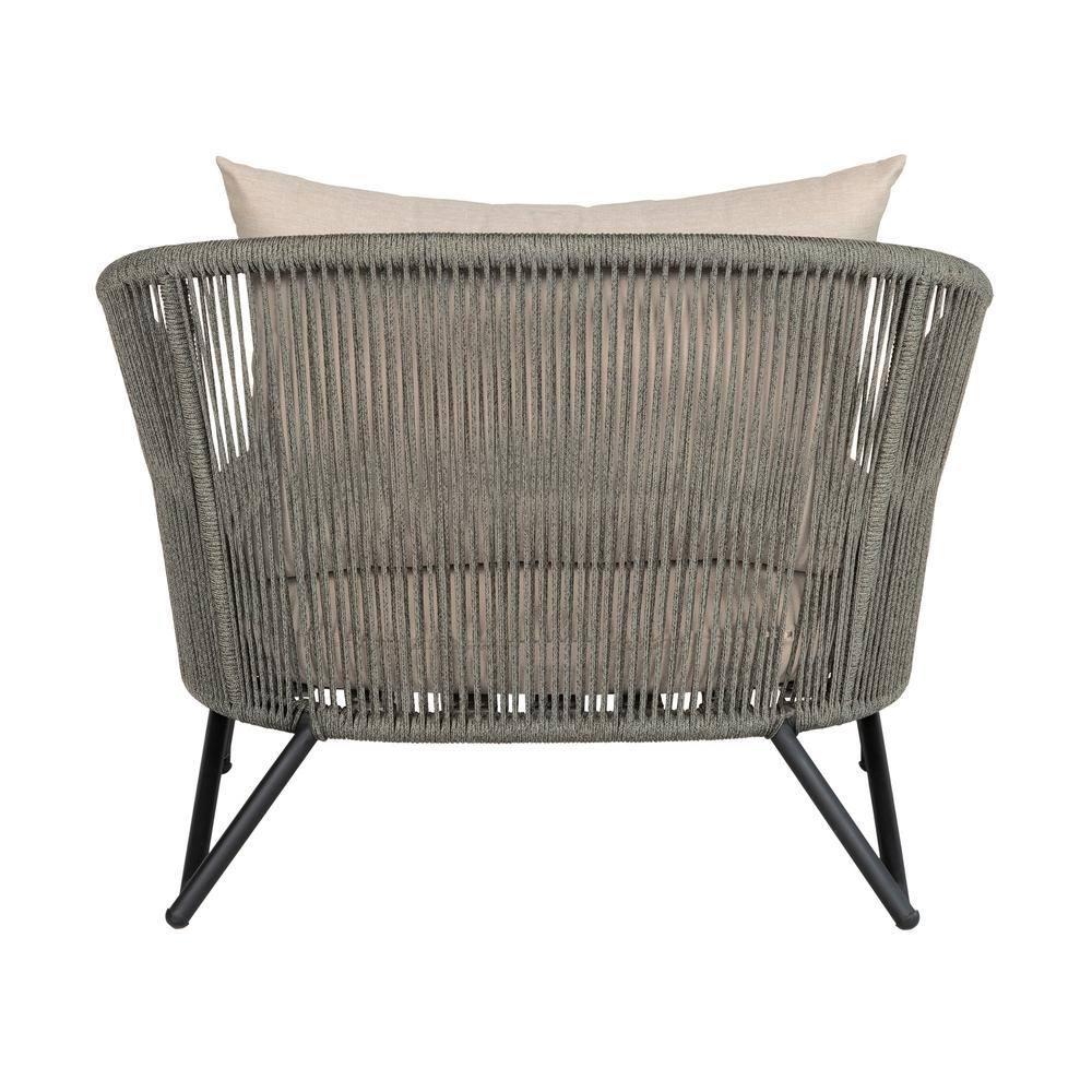 Benicia Outdoor Patio Chair in Black Steel with Gray Rope and Taupe Cushions