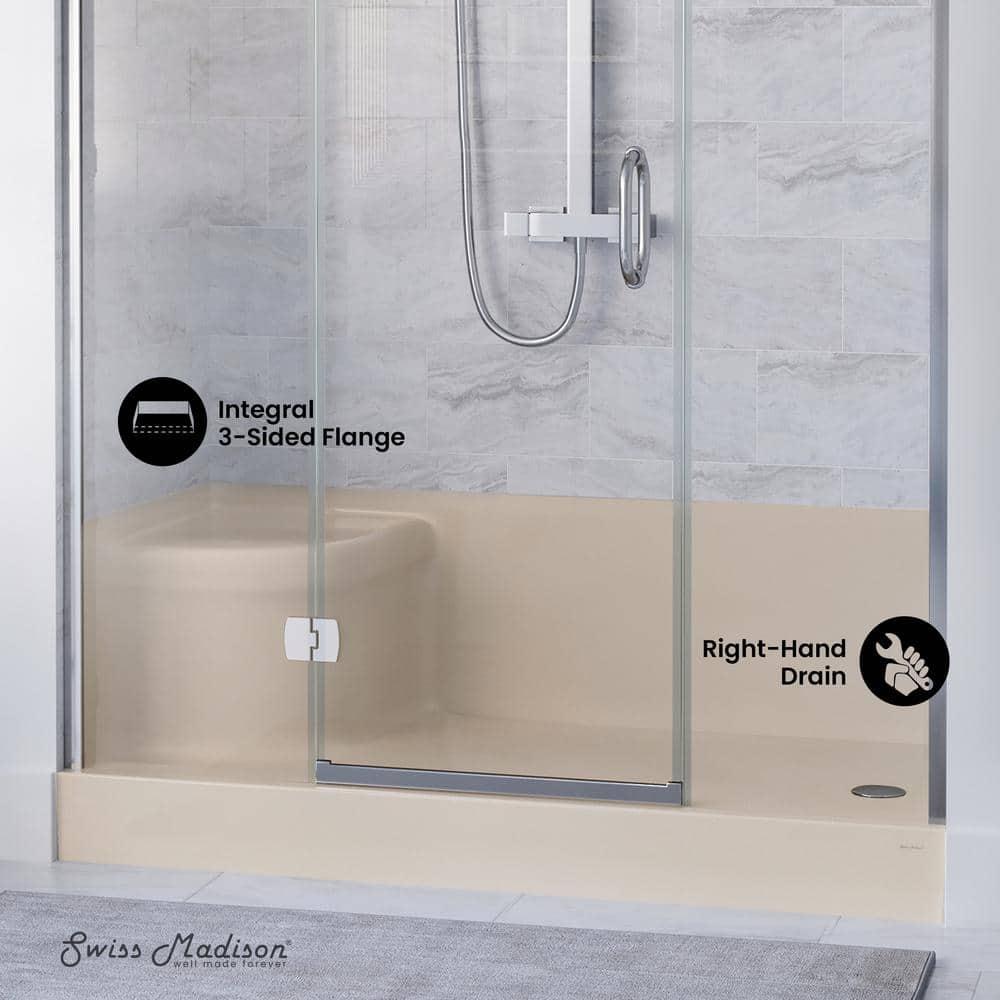 Swiss Madison Aquatique 60" x 32" Single Threshold Shower Base With Right Hand Drain and Integral Left Hand Seat  SM-SB538BV