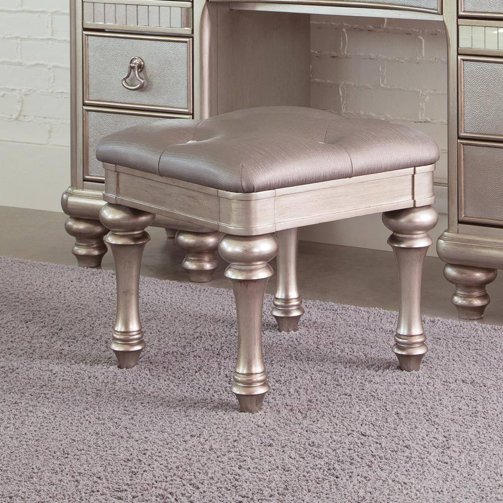 CintBllTer Bling Game Modern Glam Upholstered Accent Vanity Stool Metallic Gray Faux Leather Silver Finish