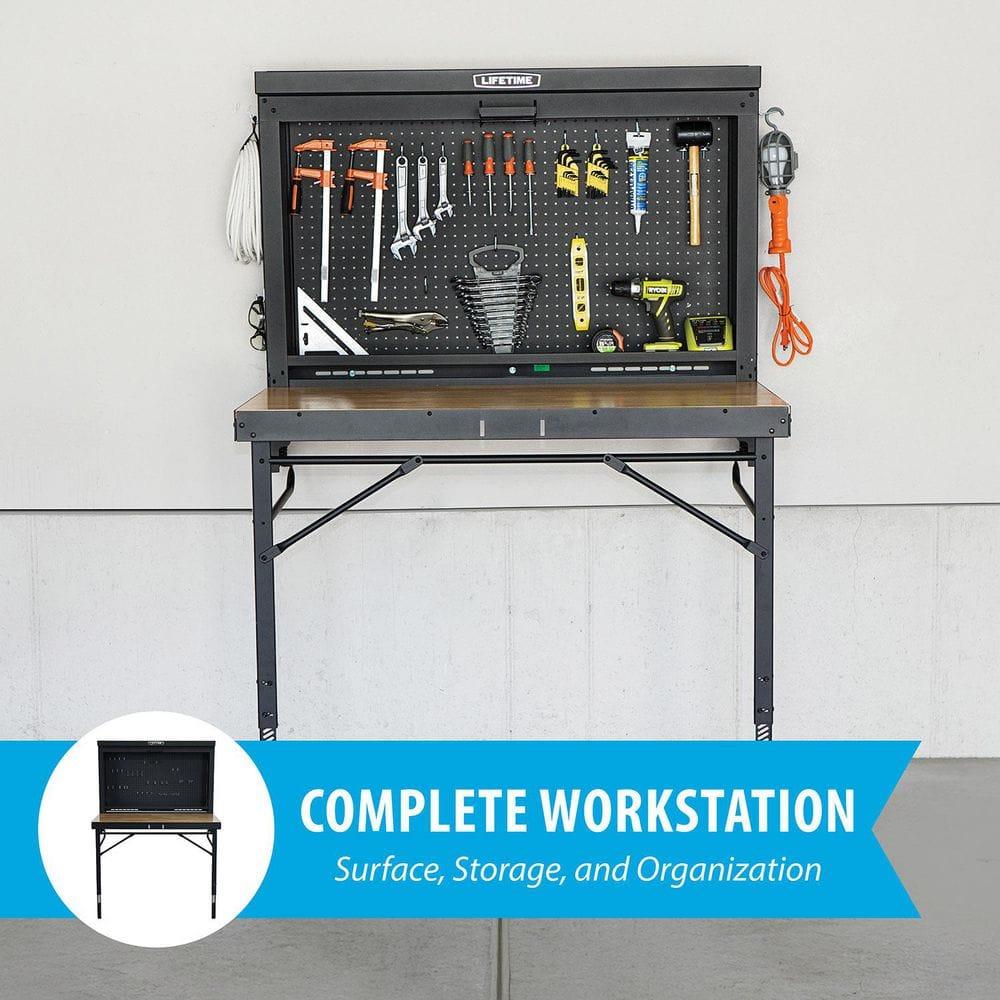 Lifetime Wall Mounted Pegboard Shelf Storage Wood and Steel Folding Work Table