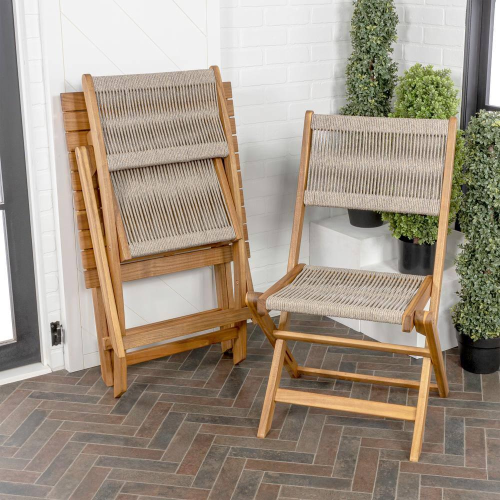 Javea Modern Coastal 3-Piece Acacia Wood Outdoor Folding Bistro Set, Beige/Teak Brown - JONATHAN Y