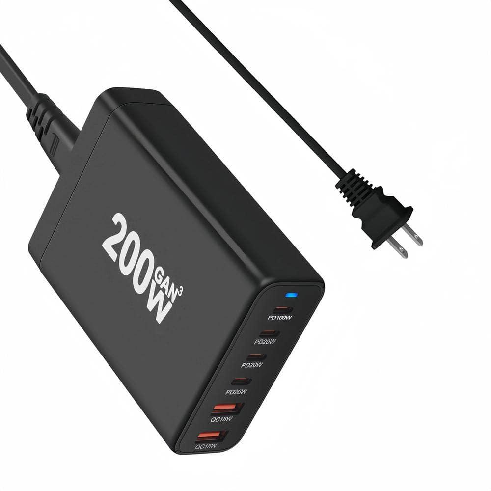 Black 200-Watt Fast Charging Station with 6 Ports