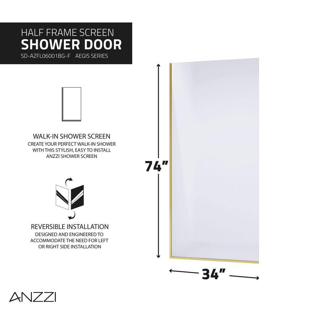 Veil Series 34” W x 74” H Frameless Glass Fixed Shower Screen Shower Door