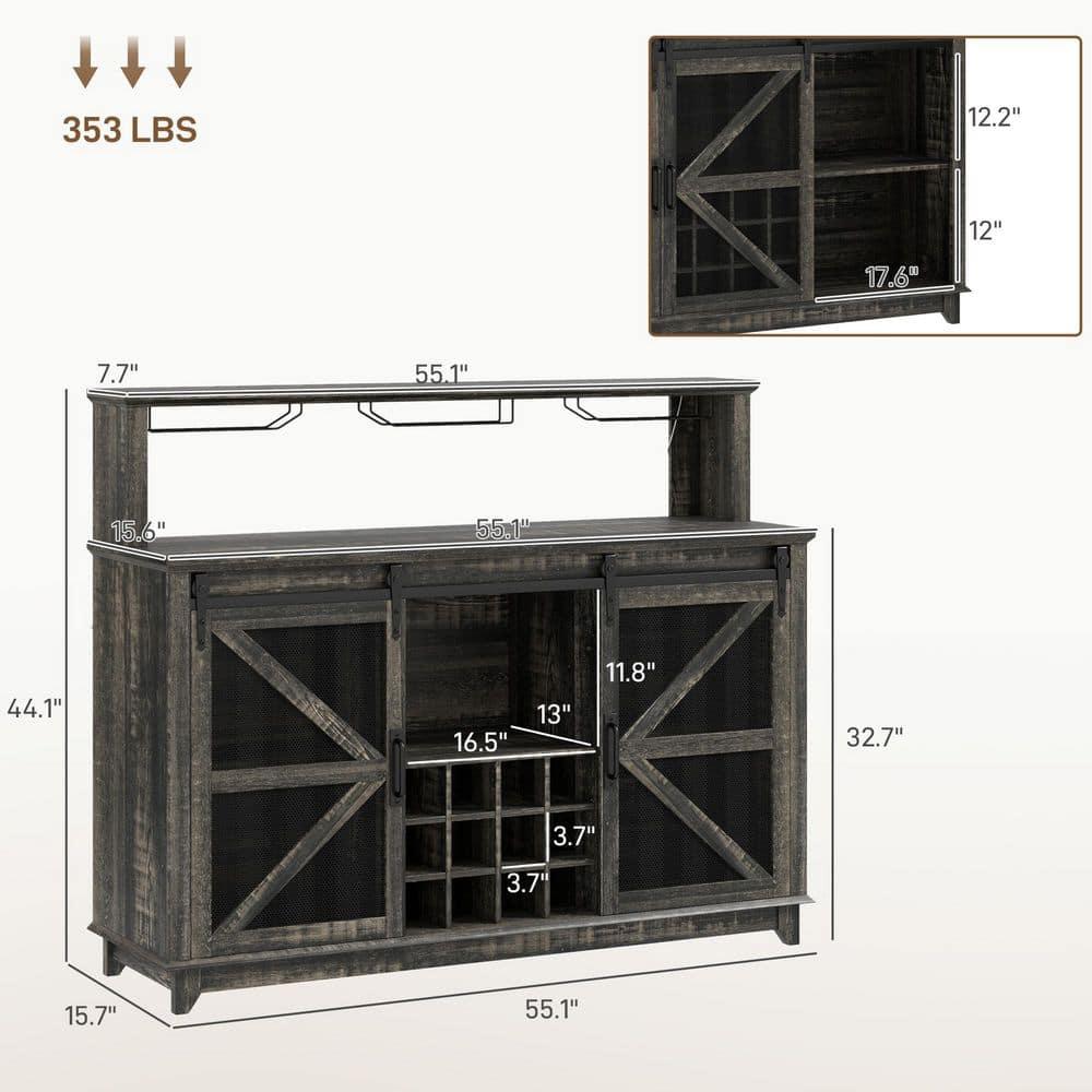 HOMCOM Mueble de Bar de Café con Luces LED y Puertas Corredizas de Granero, Mueble de Bar de Vino de 55" con Botelleros y Portavasos, Marrón Desgastado