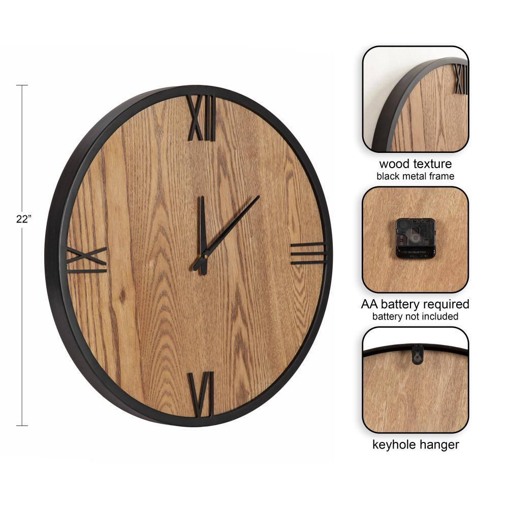 Kate and Laurel Pronte Modern Round Wood and Metal Wall Clock, 22 Inch Diameter, Rustic Brown and Black, Decorative Minimal Clock for Bedroom, Entryway, or Living Room Decor