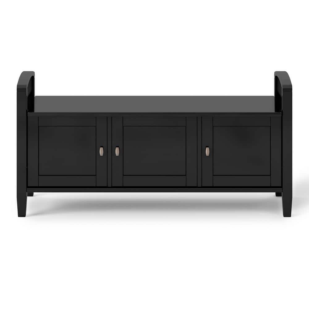 Simpli Home Warm Shaker 44"W Solid Wood Entryway Storage Bench with 3 Cabinets, Shaker-Style Doors and Interior Shelves