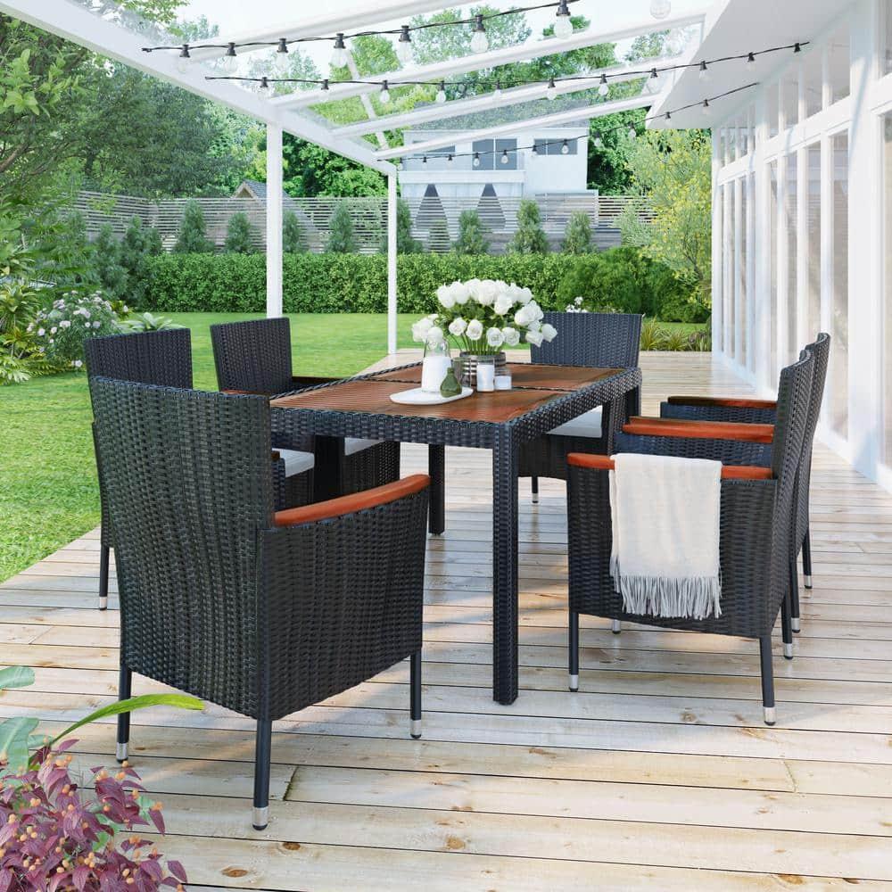 7 Piece Outdoor Patio Dining Set Indoor Outdoor Wicker Dining Furniture Set with Brown Rattan Dining Table and Chairs with Cushions, Reddish-brown Tabletop