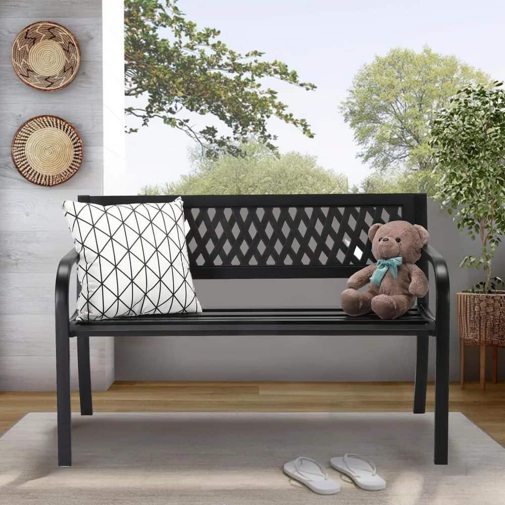 Gardenised Outdoor Steel 47 Park Bench for Yard, Patio, Garden and Deck, Black Weather Resistant Porch Bench, Park Seating