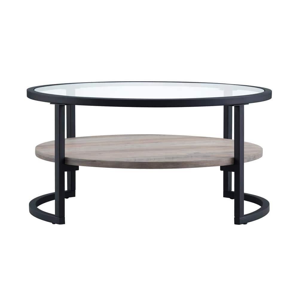Evelyn&Zoe Winston 34.75" Wide Round Coffee Table, Blackened Bronze/Gray Oak