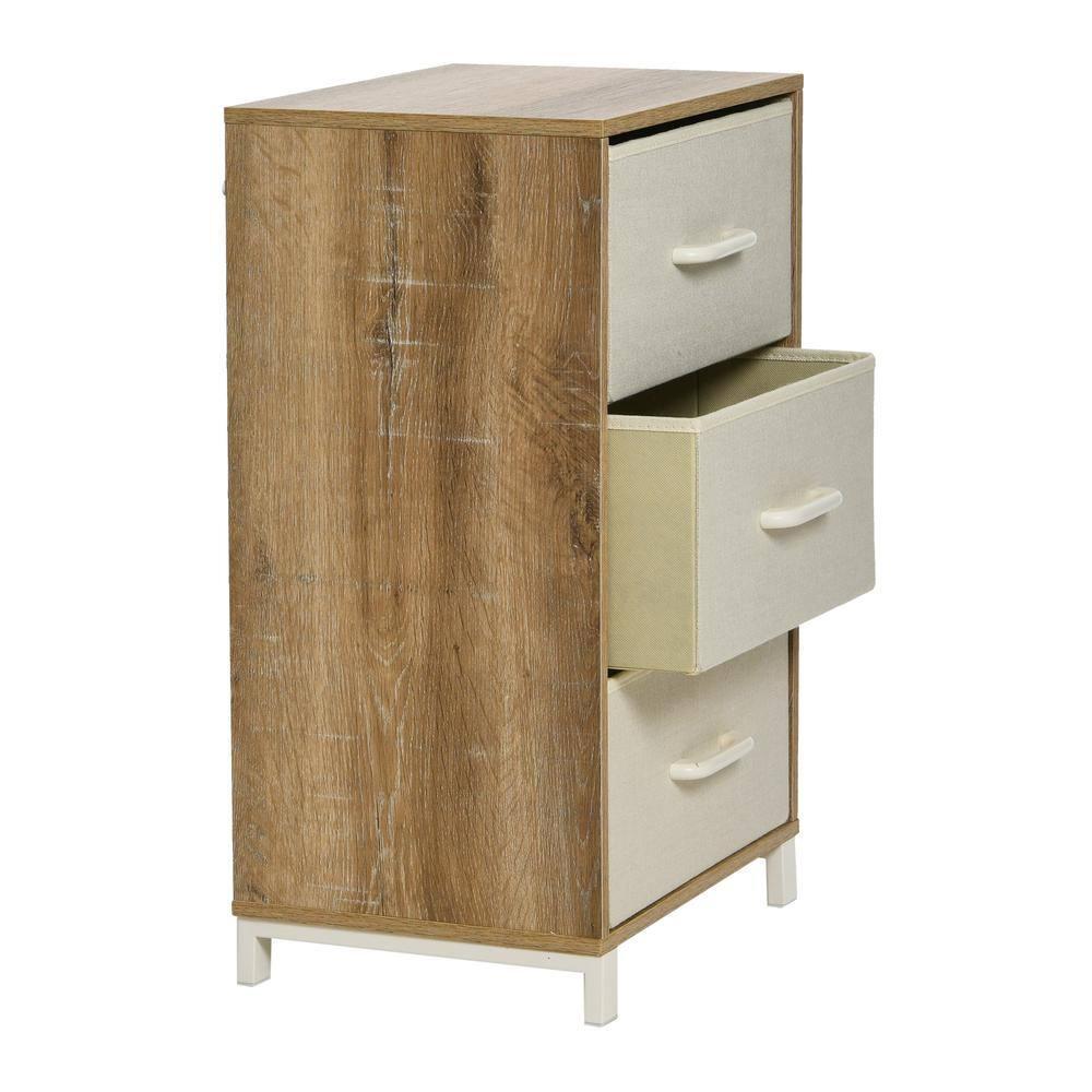 Household Essentials 3 Drawer Dresser, Narrow Storage Chest, Multi-Color Drawers, Wire Backing and Metal Feet, Wood Handles, Coastal Oak Laminate