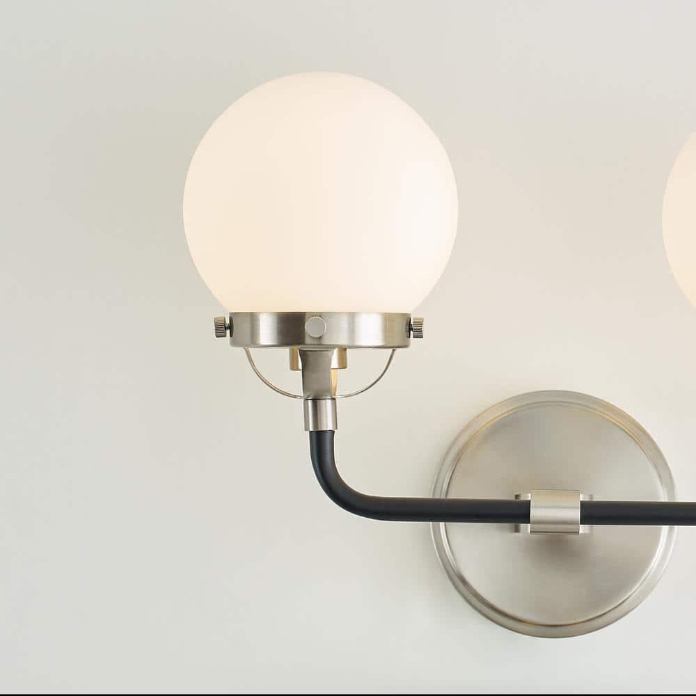 Cafe 14 in. W 2-Light Brushed Nickel Vanity Light with Etched/White Glass Shades and Matte Black Frame Accents