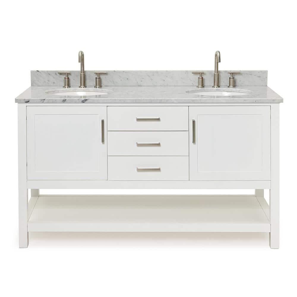 Bayhill 60 in. W x 22 in. D x 35.25 in. H Double Freestanding Bath Vanity in White with Carrara White Marble Top