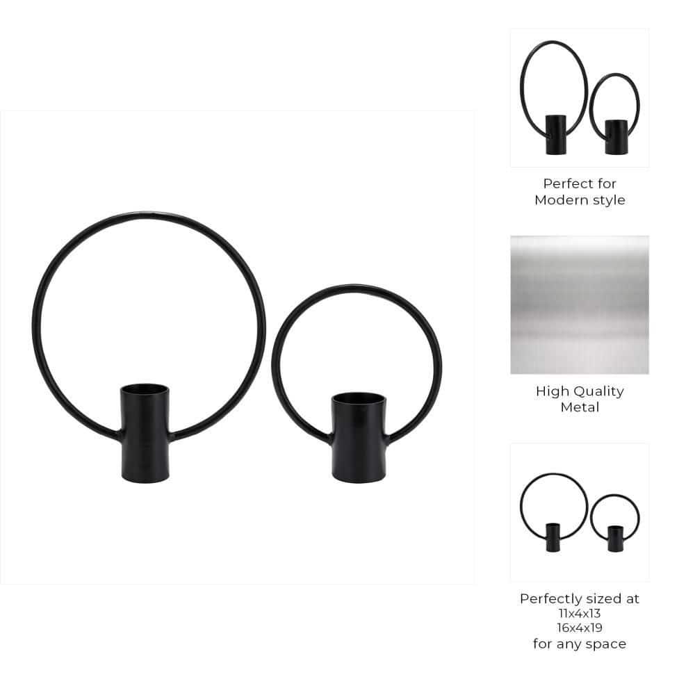 Sagebrook Home Set of 2 Metal Decorative Ring Candle Holders - Contemporary Abstract Black Aluminum Ring