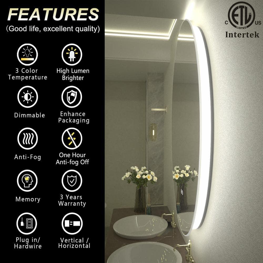 Apmir 28x20 Oval LED Wall Mirror with Backlit, Frameless Anti Fog LED Bathroom Vanity Mirror，Dimmable 3 Colors, Memory Function