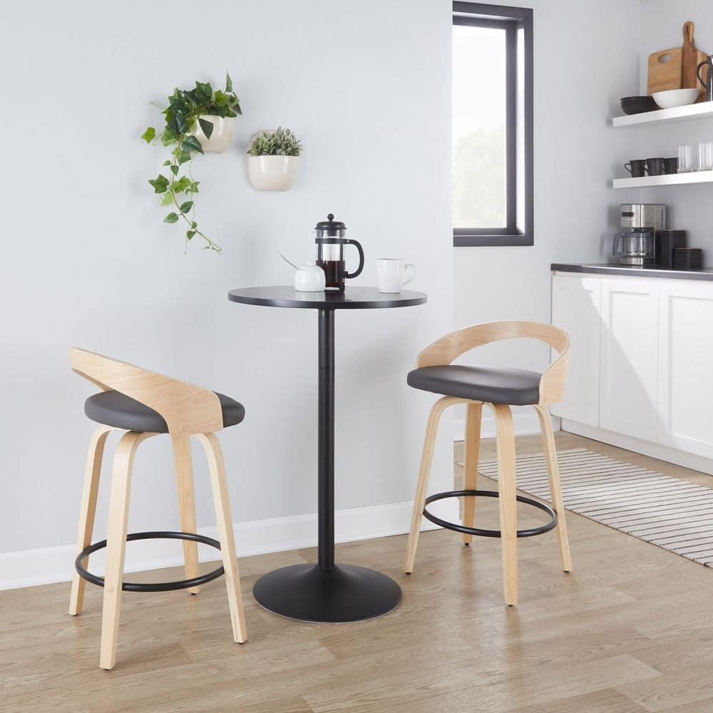 LumiSource Set of 2 Grotto Counter Height Barstools Natural/Black/Gray : Swivel, Low Back, Wood Frame, Foam Upholstery