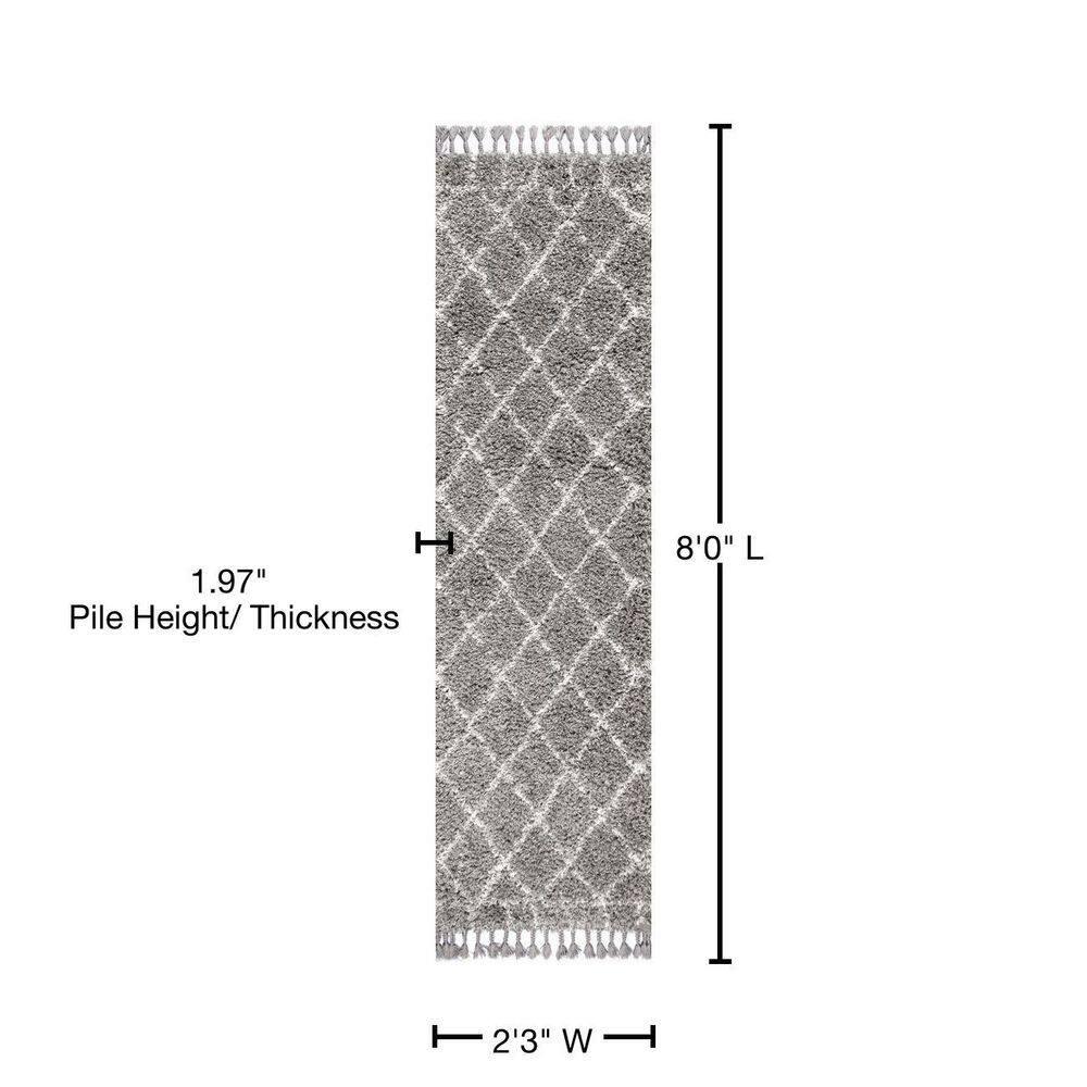 2'x8' Mercer Shag Plush Tassel Moroccan Geometric Trellis Area Rug, Grey/Cream - JONATHAN Y