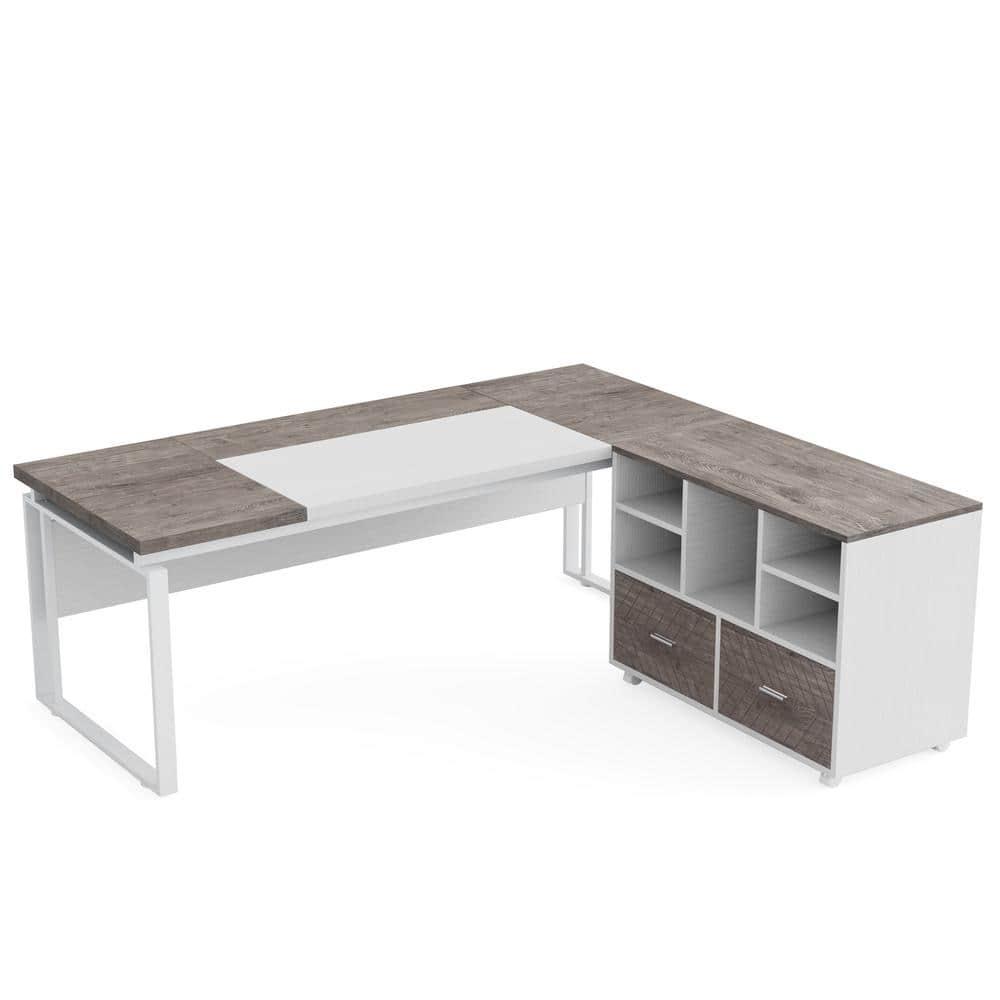 Tribesigns 63 inch L-Shaped Executive Desk with Reversible File Cabinet, Office Desk with Storage Drawers, Gray & White