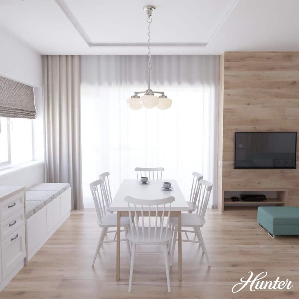 Hunter - Saddle Creek 3-light Brushed Nickel, Medium Size Chandelier, Dimmable, Schoolhouse Style, Candle Shaped, for Bedrooms, Kitchens, Dining, Living Rooms - 19355