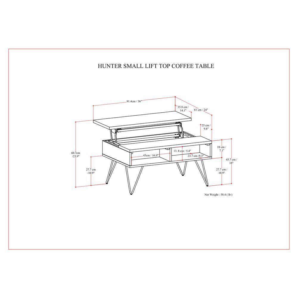 Simpli Home Hunter 36"W Solid Wood Industrial Small Lift Top Coffee Table with Hidden Storage and Metal Hairpin Legs