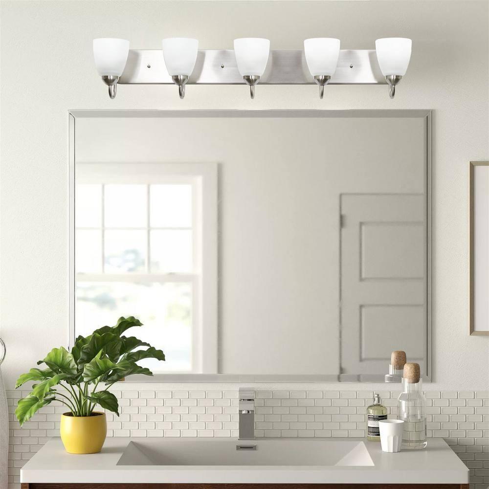 Kira Home Armada 37" 5-Light Over Mirror / Bathroom Light, Frosted Glass Shades, Curved Arms, Brushed Nickel