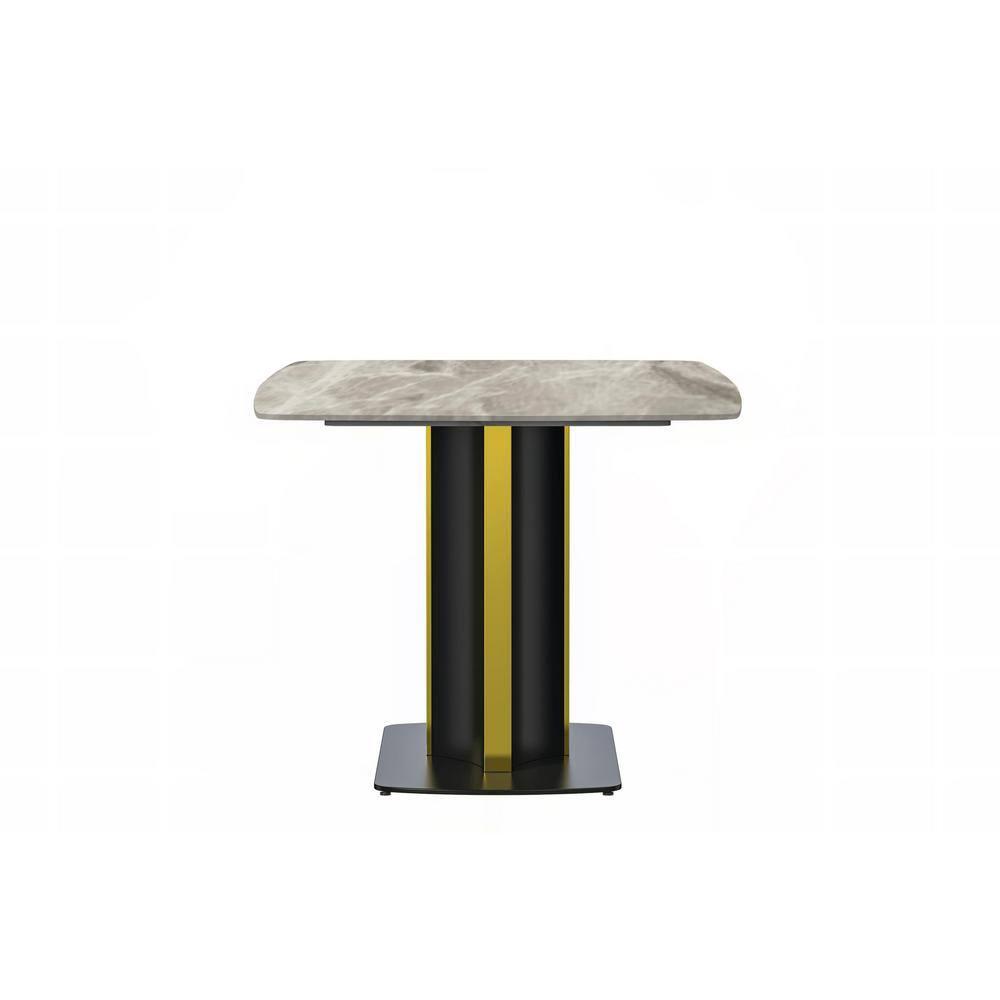 LeisureMod Sylva Mid-Century Modern 55" Rectangular Dining Table with Sintered Stone Table Top and Gold Steel Pedestal Base for Kitchen and Dining Room, Deep Grey