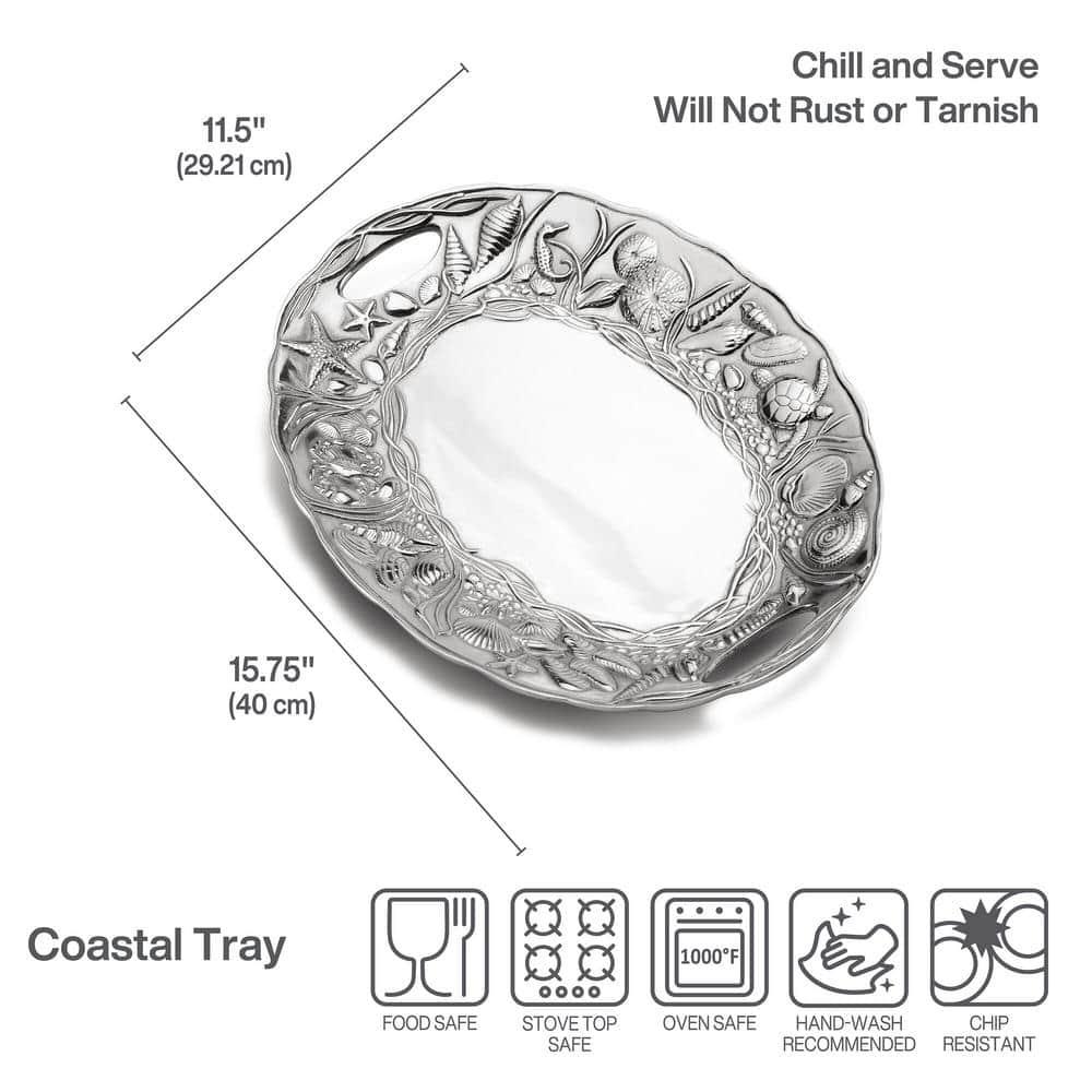 Coastal Silver Alloy Handle Tray with Ocean Motifs