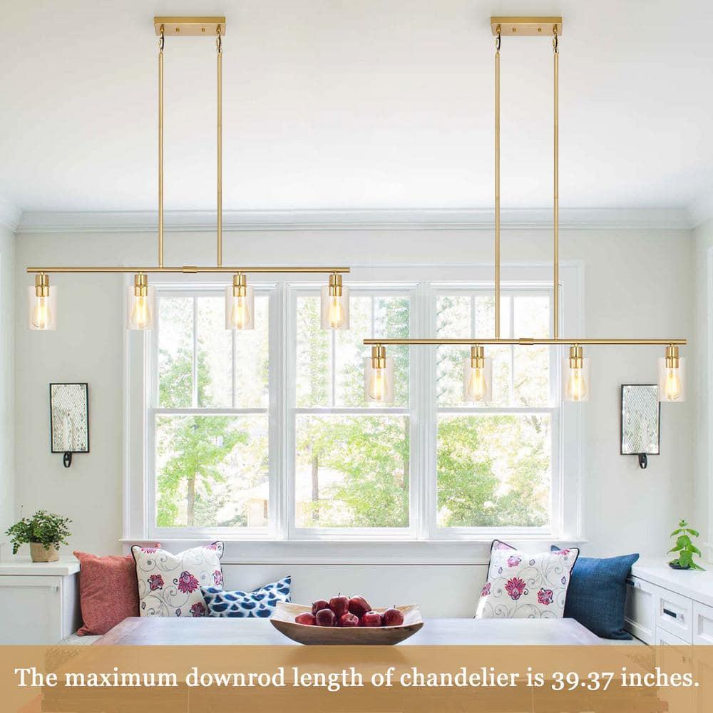 Modern Gold Kitchen Island Chandelier 4-Light Brushed Brass Farmhouse Pendant Light Industrial Kitchen Island Lighting Fixture with Glass Shades Hanging Lamp for Dining Living Room