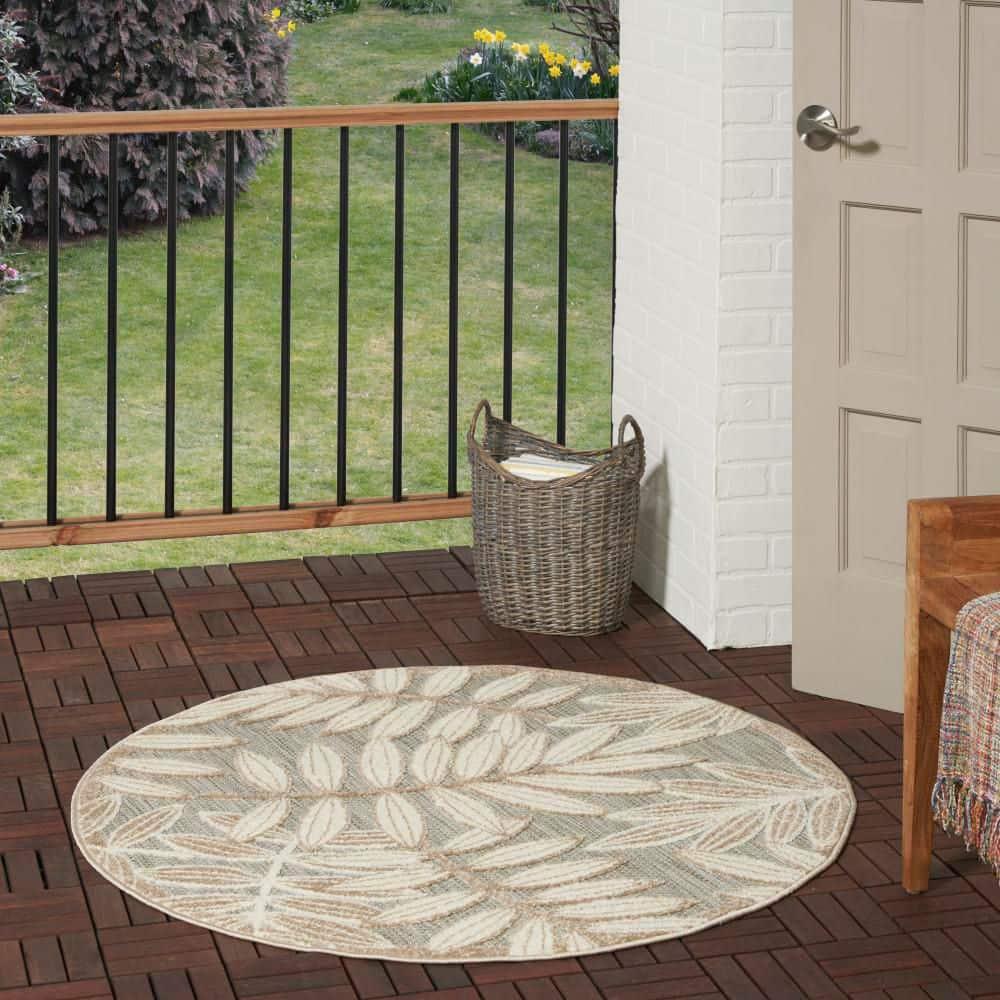 Nourison Aloha Floral Leaf Flatweave High-Low Indoor Outdoor Round Rug Natural 5'3" x 5'3"