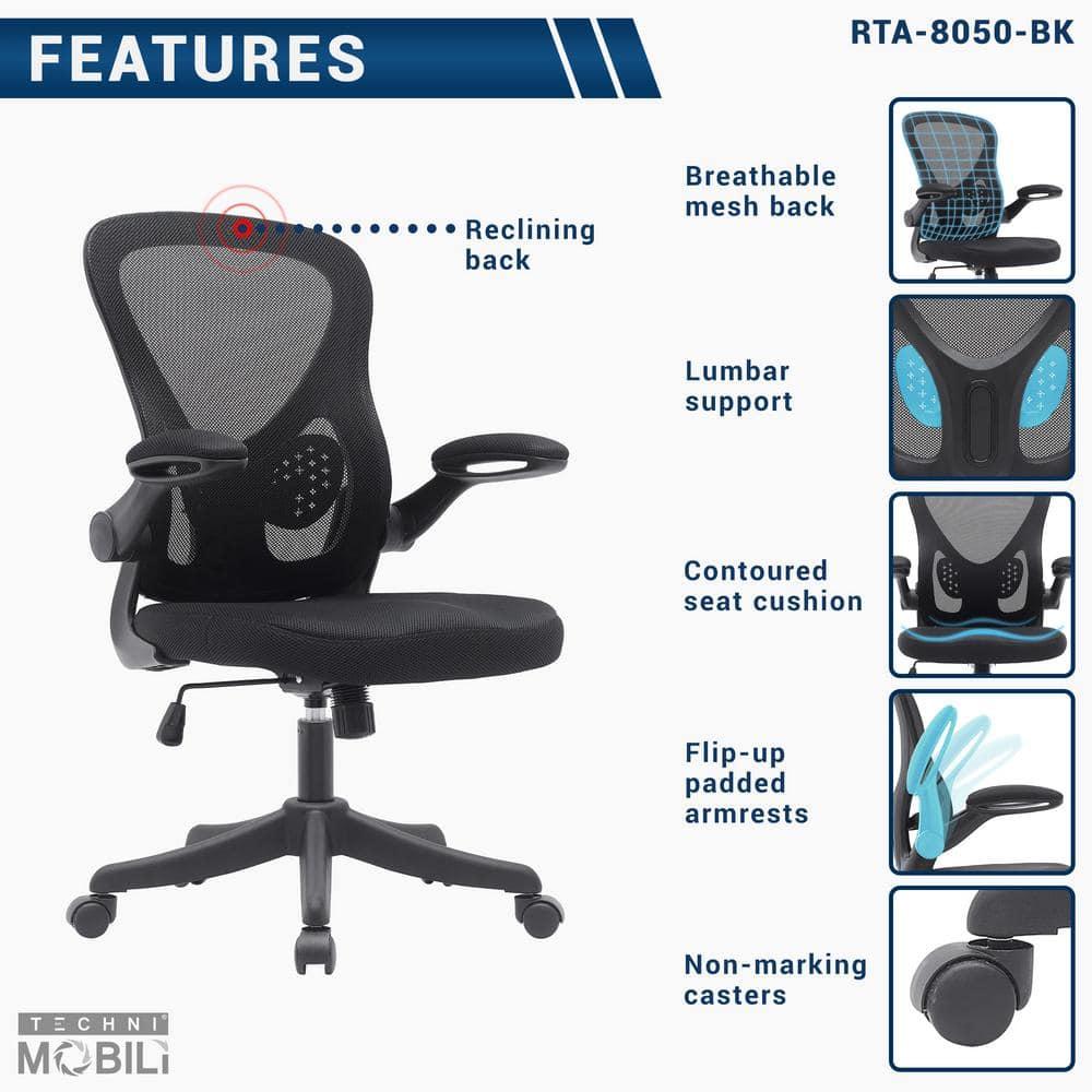 Techni Mobili Mesh Task Office Chair with Flip Up Arms Black - Techni Mobili: Ergonomic, Adjustable, Swivel, Nylon Frame