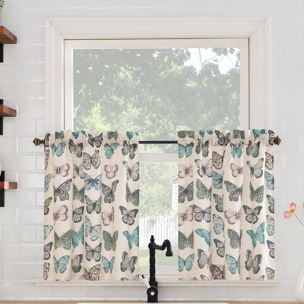 2pc 56"x36" No. 918 Sheer Magdalena Butterfly Print Rod Pocket Kitchen Curtain Tier Pair Blue: Polyester, Machine Washable