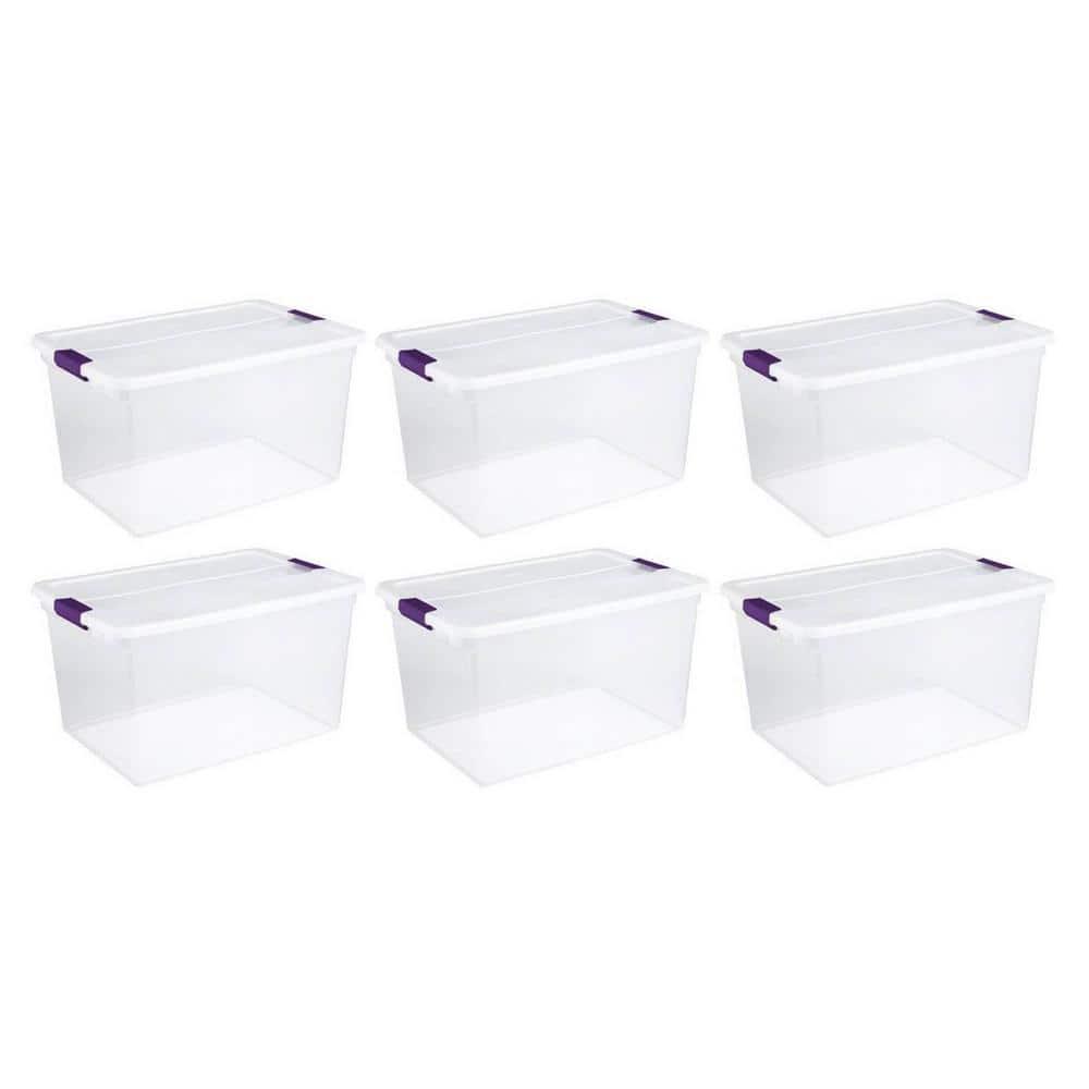 Sterilite 66 Qt ClearView Latch Storage Box, Stackable Bin with Latching Lid, Plastic Container to Organize Clothes in Closet, Clear Base, Lid, 6-Pack