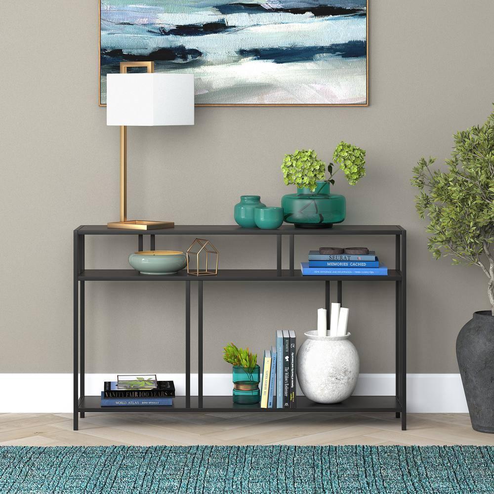 Evelyn&Zoe Cortland 48" Wide Rectangular Console Table with Metal Shelves, Blackened Bronze