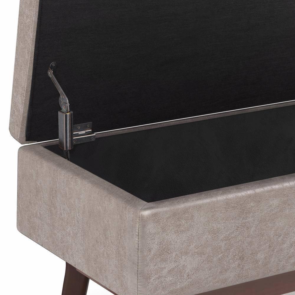 Simpli Home Owen 36 inch Wide Mid Century Modern Rectangle Small Rectangular Storage Ottoman in Distressed Grey Taupe Faux Air Leather