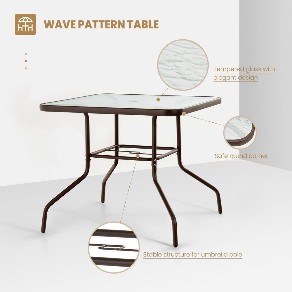 Crestlive Products 6 PCS Patio Dining Set,4 Folding Chairs, Square Tempered Glass Table and Umbrella Set, Brown