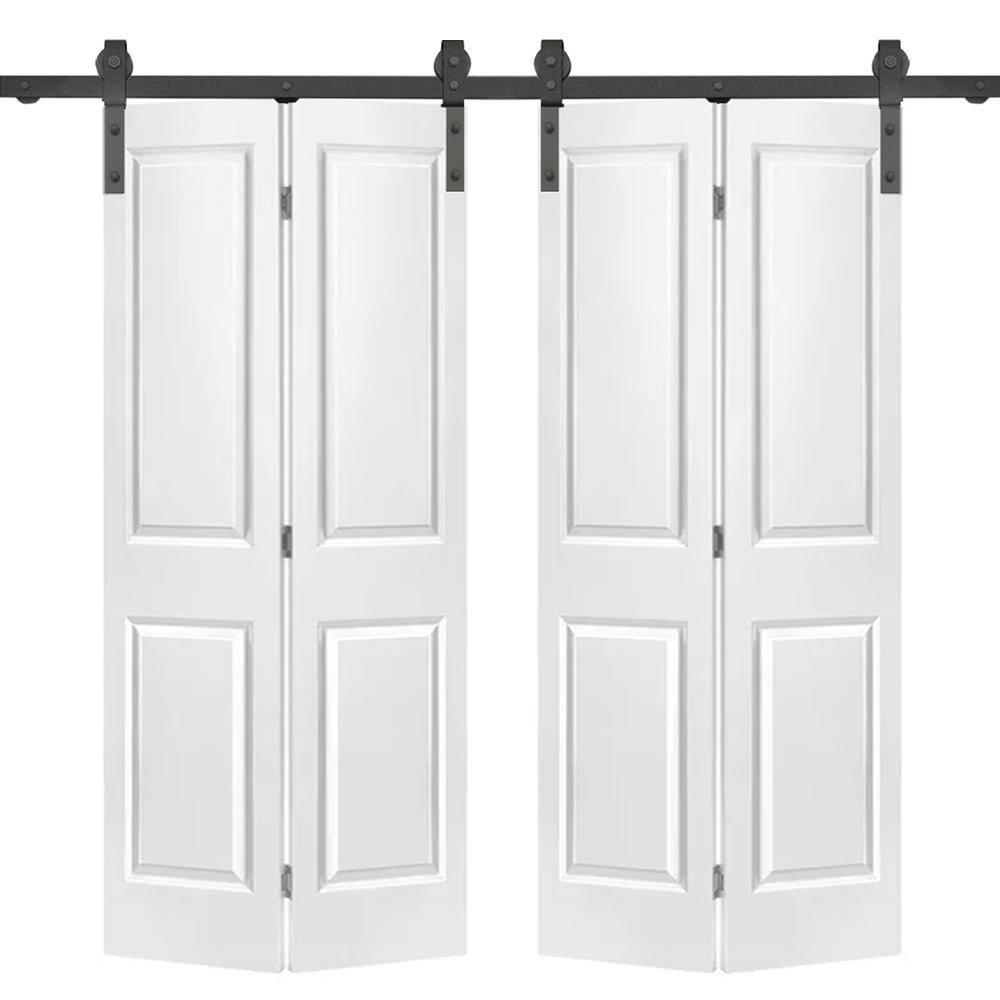 72 in. x 80 in. Hollow Core 2 Panel White Painted MDF Composite Double Bi-Fold Barn Doors with Sliding Hardware Kit