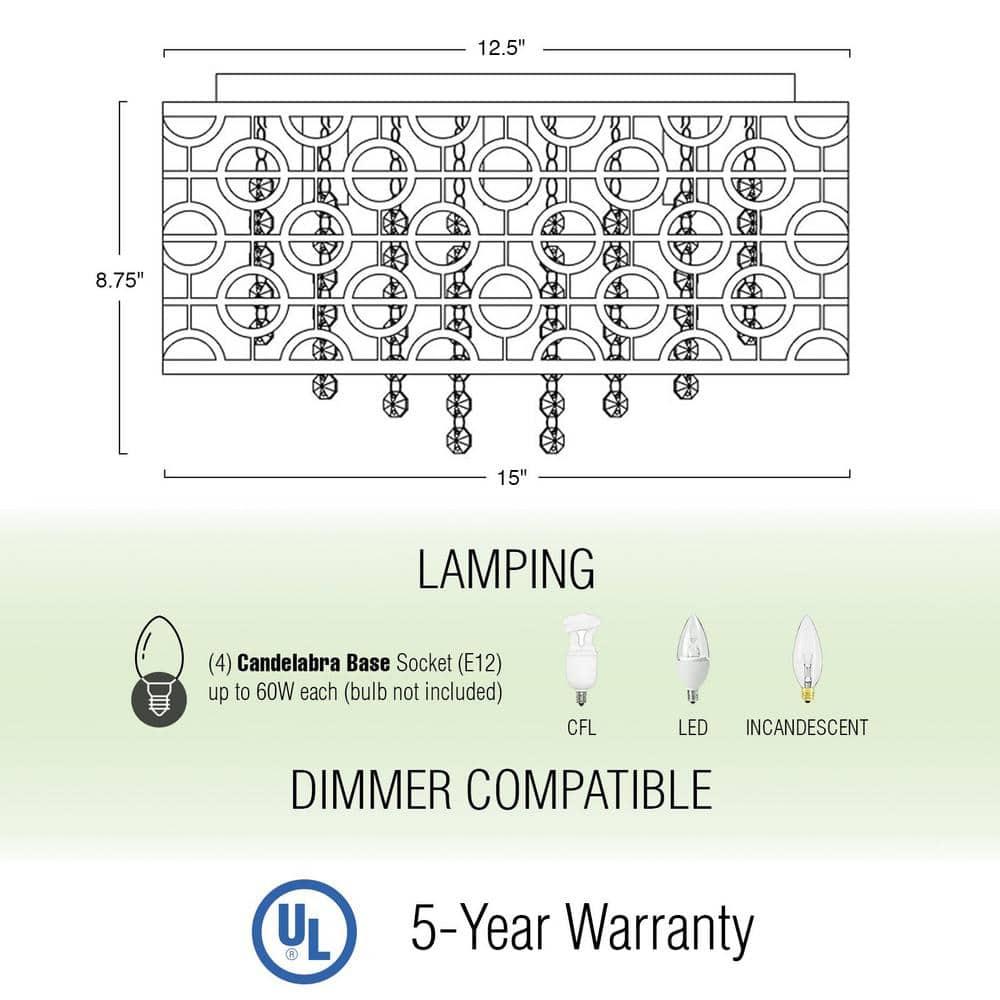 Kira Home Brielle 15" Chic 4-Light Crystal Flush Mount Chandelier + Round Metal Shade, Dimmable, Oil Rubbed Bronze
