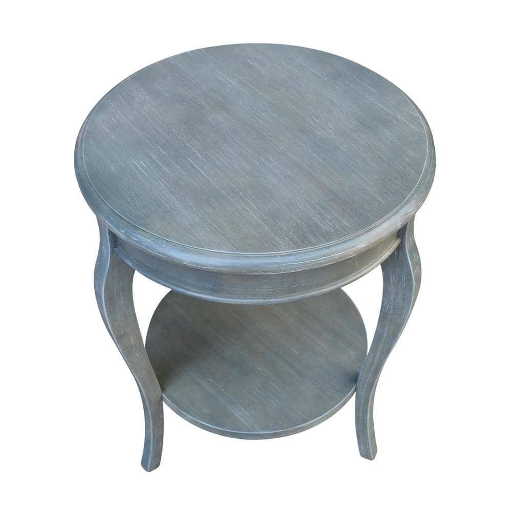 Cambria Round End Table Antique/Heather Gray - International Concepts: Solid Wood, Fixed Shelf
