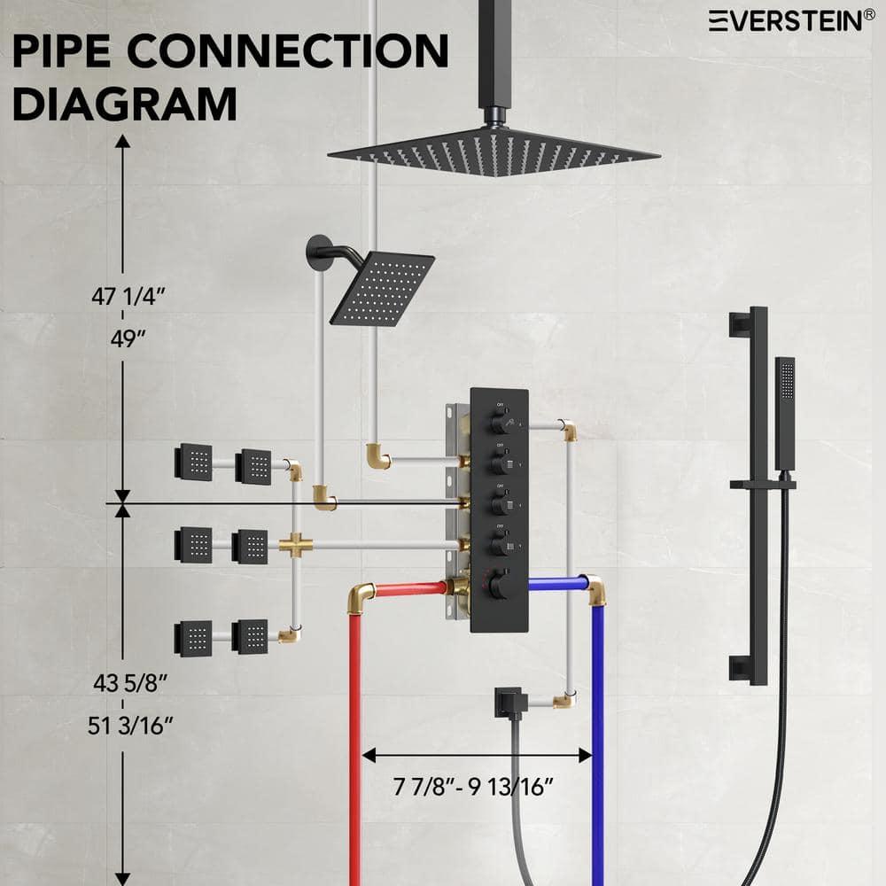 DualJetSpa 15-Spray Patterns 16" & 6" Dual Shower Head, Shower FaucetSystem with Thermostatic Rough-in Valve and Body Jets