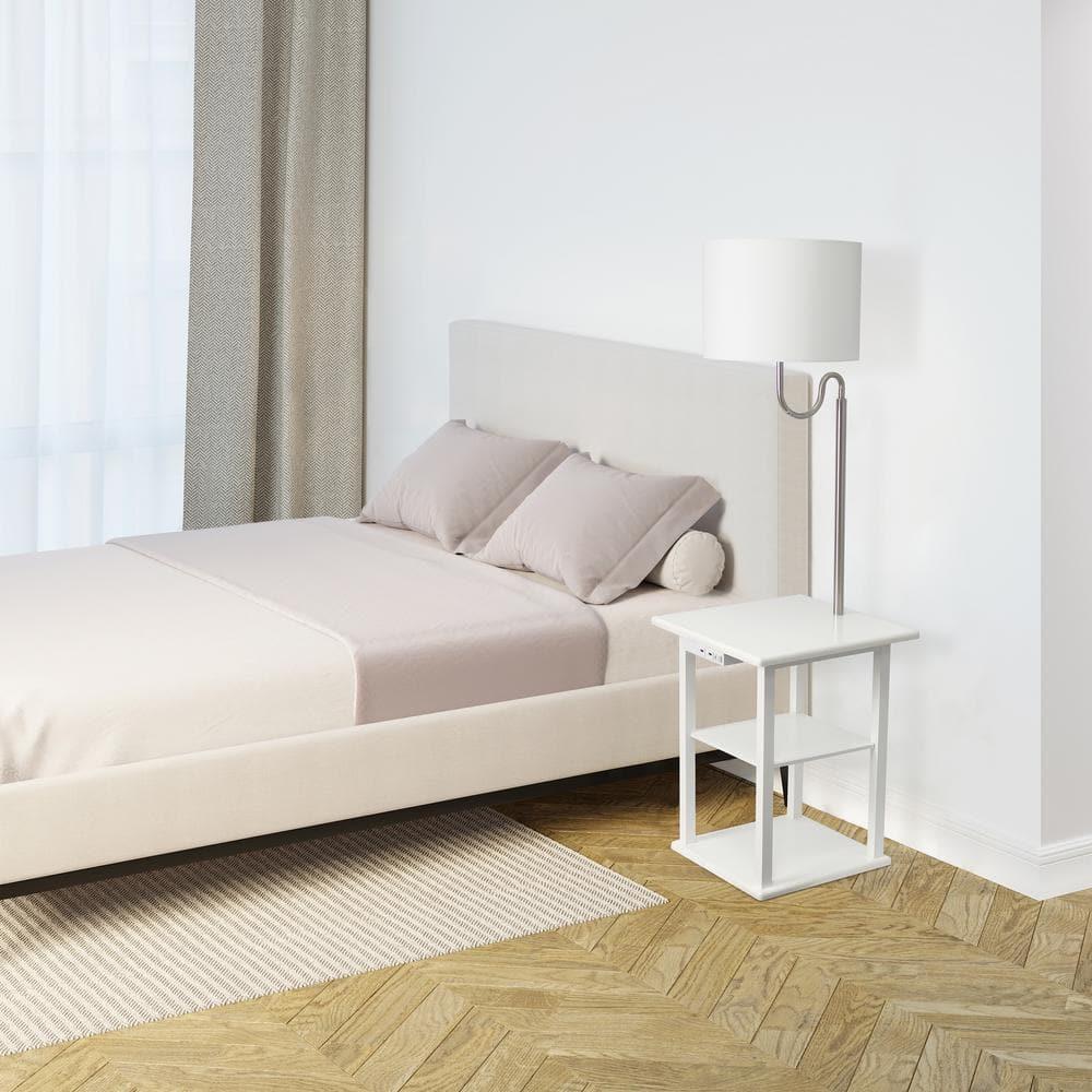 57 in. Modern 2 Tier End Table & White Drum Fabric Shade Floor Lamp with 2 x USB Charging Ports & Power Outlet, White