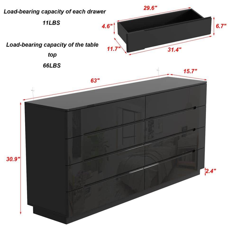 Black 8-Drawer 63 in. W Wood Double Dresser Chest of Drawers Bedroom Storage Organizer in With High Gloss and LED Lights