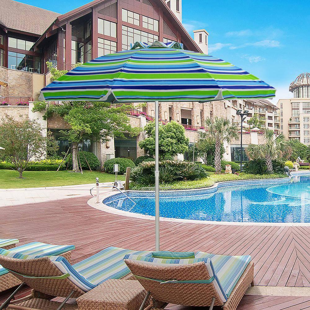 Tangkula 6.5Ft Beach Umbrella w/ Tilt Mechanism Sand Anchor Carrying Bag Blue + Green