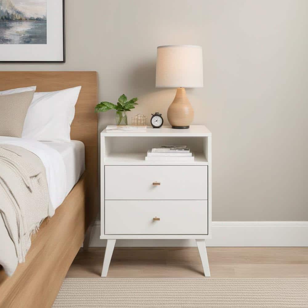 Mid Century Modern 2 Drawer Tall Nightstand with Shelf White - Prepac: Wood Laminate, Includes Anti-Tip Hardware
