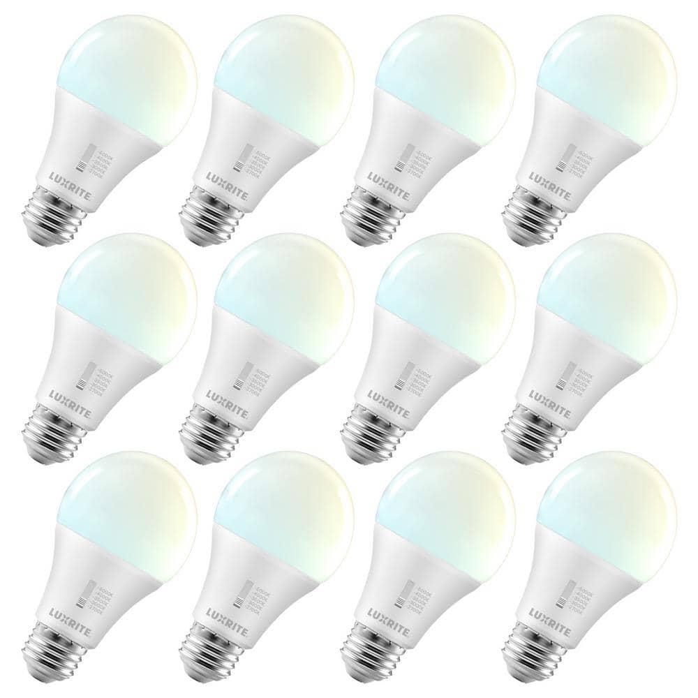 LUXRITE A19 LED Light Bulb 75 Watt Equivalent, CRI90, 5CCT Selectable 2700K 3000K 3500K 4000K 5000K, Dimmable, 1100LM, Standard LED Light Bulbs 11W, E26 Medium Base, ETL - Indoor Outdoor (12 Pack)