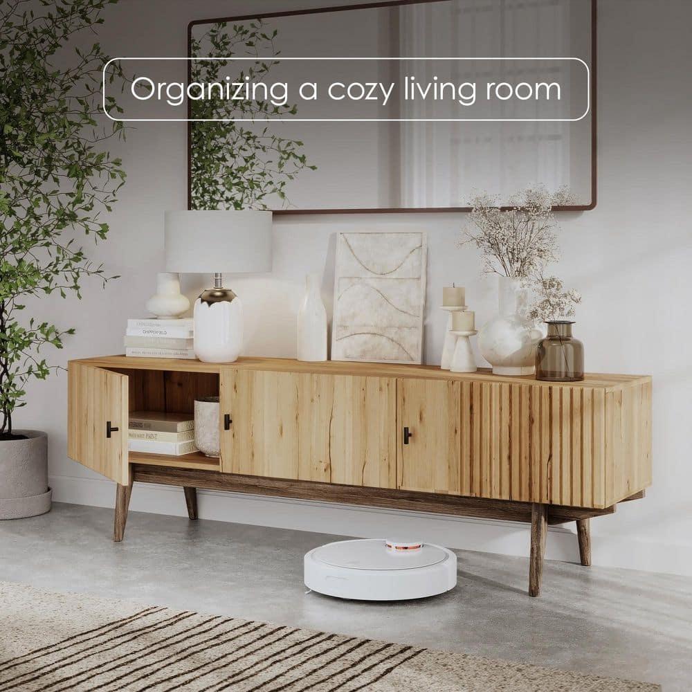 Living Skog  Chelsea Brown TV Stand Fits for TV's up to 65 in. with Slatted Design and Wood Legs light brown Matte Laminate