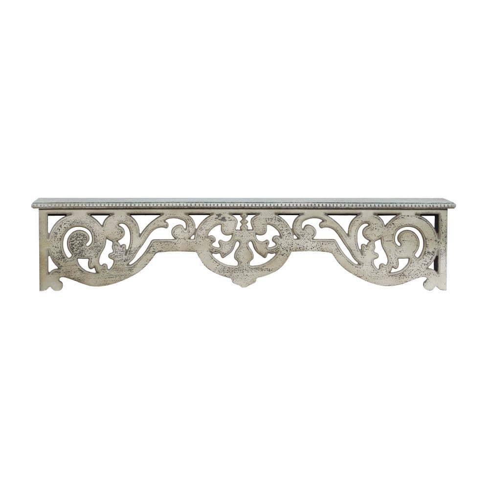 DecMode 48" x 8" 1-Tier Beige Scroll Wall Shelf with Gray Distressing