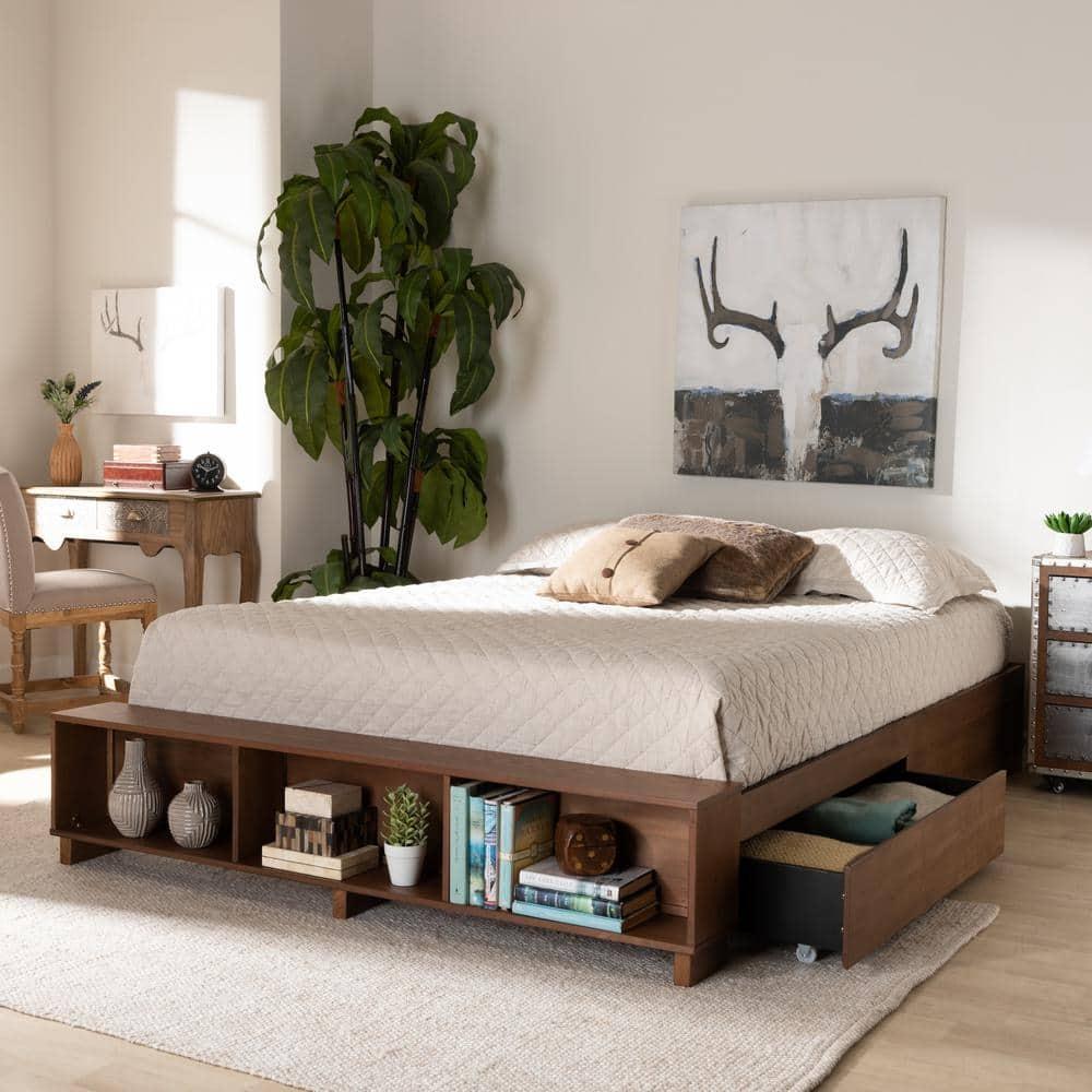 Queen Arthur Wood Platform Bed with Built-In Shelves Ash Walnut - Baxton Studio: Storage Drawers & No Box Spring Needed
