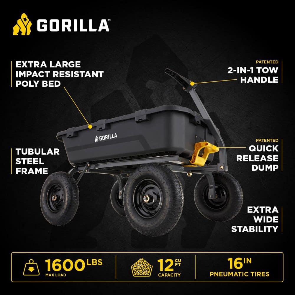 Gorilla Carts Heavy Duty 12 Cubic Foot Poly Yard Dump Cart, Garden Wheelbarrow Wagon with Pneumatic Flat Free Tires for Outdoor Lawn Utility, Black