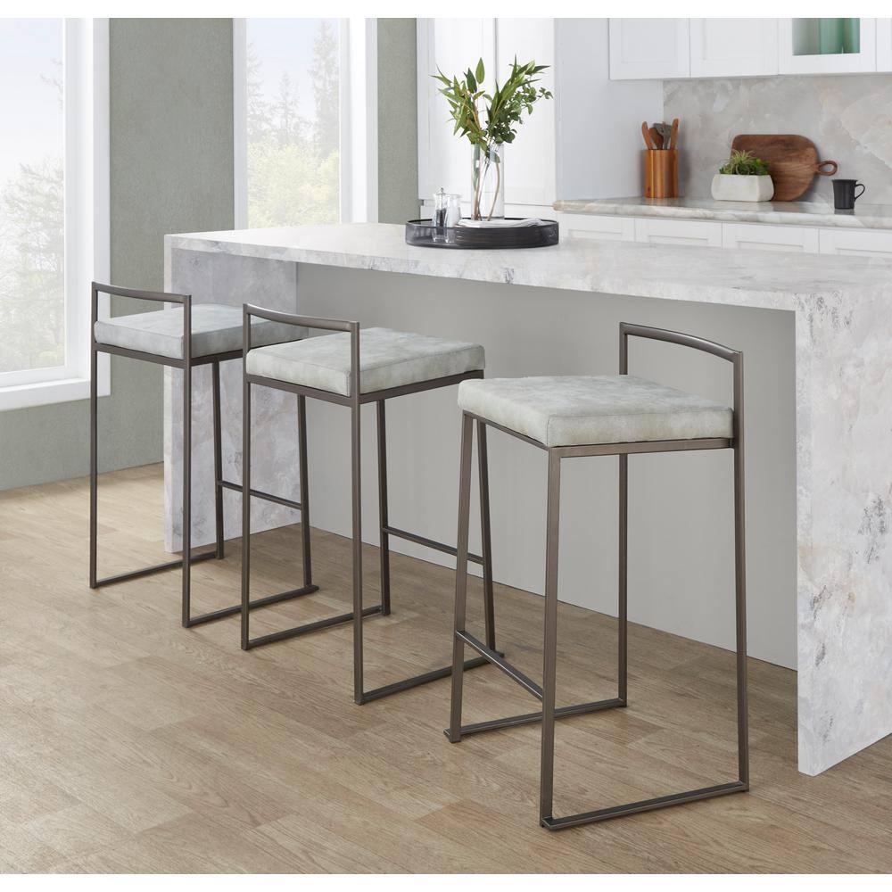 Fuji Industrial Stackable Counter Stool in Antique with Light Grey Cowboy Fabric Cushion by LumiSource - Set of 2